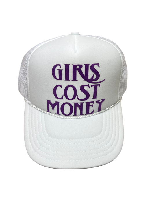 GIRLS COST MONEY®️ TRUCKER -PURPLE ON WHITE