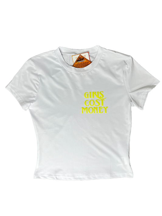 GIRLS COST MONEY®️ CROP TOP- NEON YELLOW ON WHITE